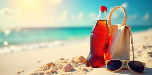 Ice-cold soda bottle in a beach bag, sunglasses, and seashells on a sun-drenched beach Perfect for summer refreshment and vacation vibes , towel, light