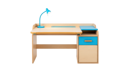 Modern wooden children s desk with blue accents and adjustable lamp isolated on transparent background