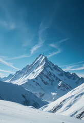 Obraz premium Majestic mountain peak covered in pure white snow under clear blue sky. serene and peaceful winter alpine landscape with scenic view