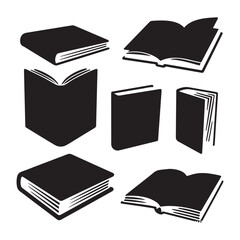 A set of black silhouettes of various books with different shapes and sizes.