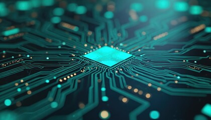 Futuristic digital circuit board glowing with turquoise lines, golden lights. Technological marvel represents science, innovation, engineering advancement. Signifies progress in AI, data systems,