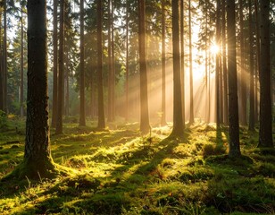 Obraz premium Sunlight streams through a misty forest