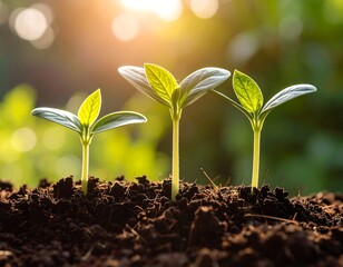 Three young plants emerging from soil, bathed in sunlight