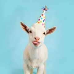 cute baby goat wearing party hat sticking tongue out