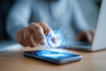 Person interacting with a smartphone displaying a digital interface