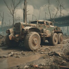 Fototapeta premium A weathered military vehicle stands abandoned in a desolate area.