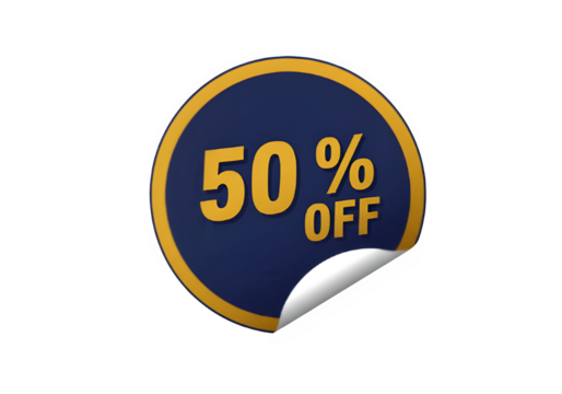 Sticker‑Style Circular Discount Tag — 50% OFF — Vector (Mustard & Navy)