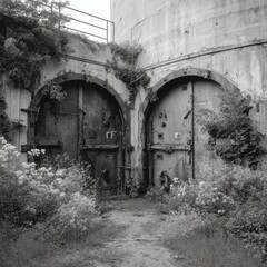 Obraz premium A dilapidated missile silo featuring corroded metal doors.