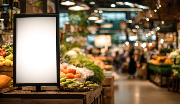 Blank sign in a bustling grocery store