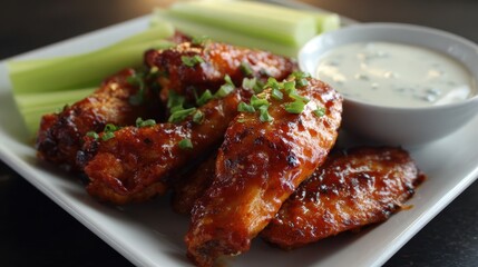 Fototapeta premium Honey BBQ Wings. A Delicious Plate of Boneless Chicken Wings with BBQ Sauce, Ranch Dip, and Celery