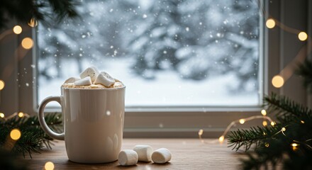 White mug of hot cocoa with marshmallows and whipped cream on a wooden table. Cozy winter scene for Christmas holiday.