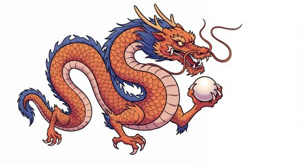Fototapeta premium Illustration of a mythical dragon holding a pearl against a white backdrop