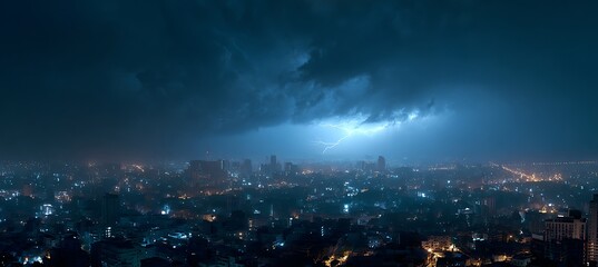 Obraz premium Cityscape lightning storm aerial view dramatic sky urban landscape night scene thunderstorm photography