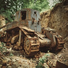 Fototapeta premium A deserted tank rests among the battlefield ruins and debris.