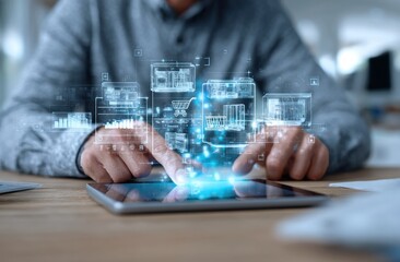 A person interacts with a tablet displaying digital commerce concepts