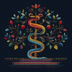Fototapeta premium Vibrant embroidered tree of life with a colorful snake
