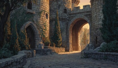 Naklejka premium Stone castle gateway at dawn