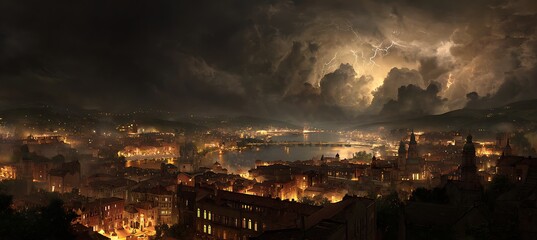 Fototapeta premium Night cityscape lightning storm photography lights city skyline dark sky dramatic landscape view urban scene