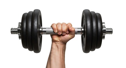 Fototapeta premium A hand lifting a dumbbell, visible tension in muscles and veins, isolated on white background