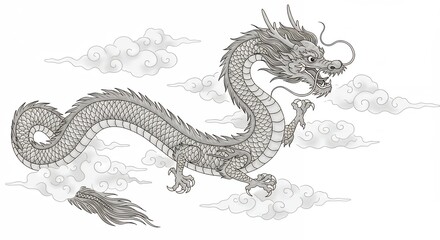 Mythical dragon illustration soaring through clouds detailed artwork decorative design