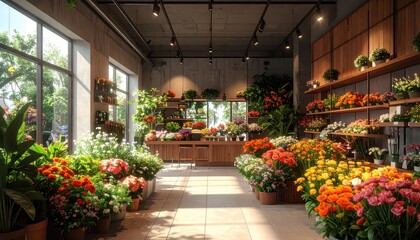 Obraz premium A bright and airy flower shop interior, filled with vibrant bouquets and lush greenery, showcases a modern design.
