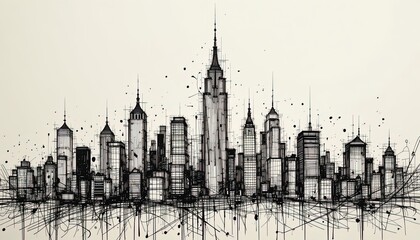 Fototapeta premium A detailed architectural sketch of a bustling city skyline, showcasing intricate lines and graphic elements.