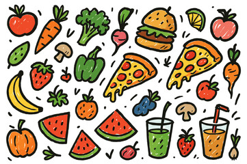 Colorful doodle art of various fruits, vegetables, and fast foods