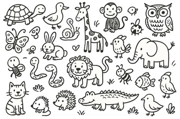 Cute hand-drawn cartoon animals including lion, monkey, turtle, and butterfly