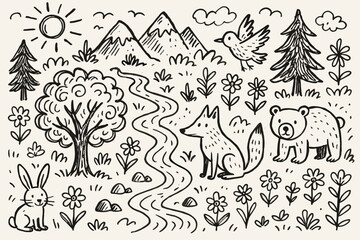 Cute forest scene with animals and nature in black and white drawing