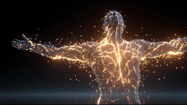 The Essence of Energy: A luminous figure radiates with energy, showcasing the vibrant flow of life force within, captured with a sense of abstract artistry and motion.