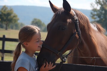 Fototapeta premium Horse Treat. Girl Petting Equestrian Companion Outdoors at Summer Camp