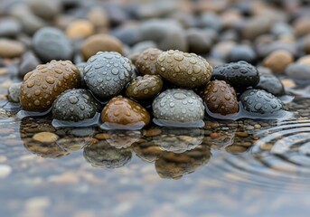 Water-Kissed Pebbles Serene Reflection: Close-Up of Stones with Raindrops in Tranquil Puddle Scenery