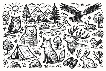 Nature camping scene with wildlife and mountains in black and white illustration