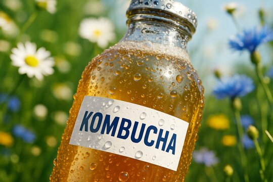 Close-up of kombucha drink bottle with condensation in a sunny meadow with blooming wildflowers and bright natural light background. Ai generative