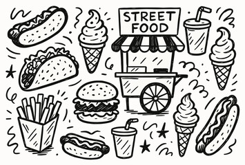 Street food doodles featuring burger, taco, hot dog, and ice cream