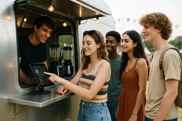 Group of young friends ordering at outdoor food truck with cheerful vendor on a bright day, casual setting with festive background atmosphere. Ai generative