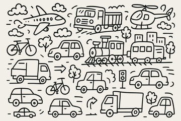 Transportation doodles cars, trucks, planes, helicopter, and more in black and white