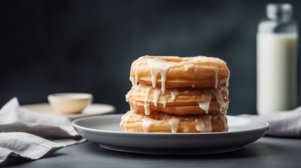French cruller doughnuts glazed vanilla icing stacked on a plate modern bakery background minimalistic high end photography style
