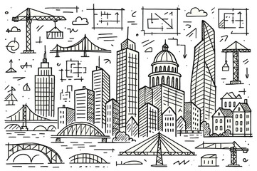 Fototapeta premium Urban skyline sketch with diverse architectural features and structures
