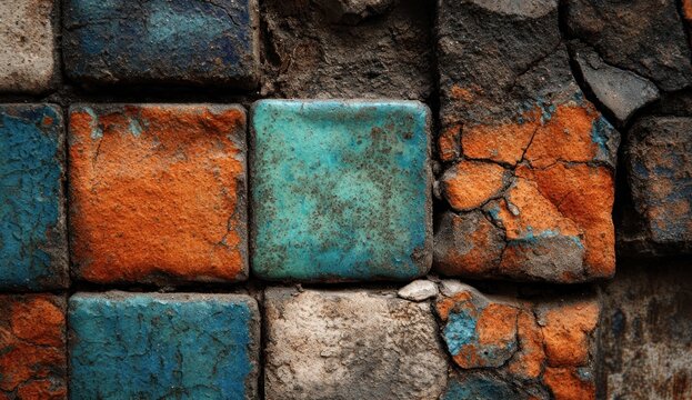 Aged mosaic tiles, showing signs of weathering