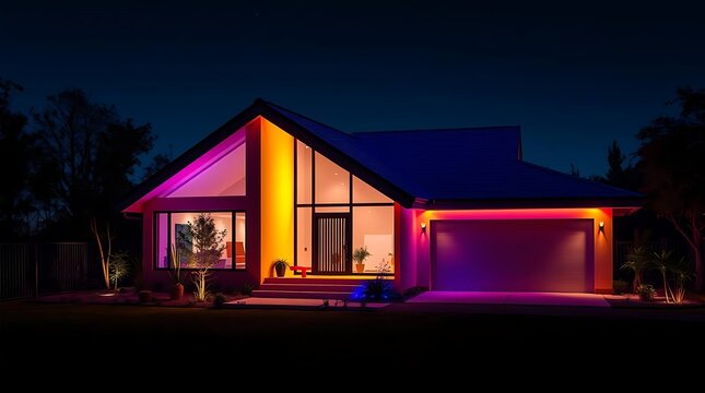 Home exterior with colorful led lighting