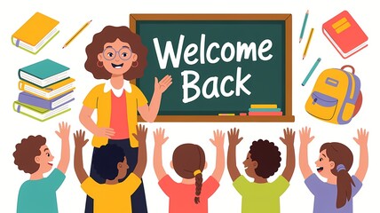 Happy Diverse Group of Students and Enthusiastic Teacher Welcome Back to School for an Engaging New Academic Year of Learning and Growth