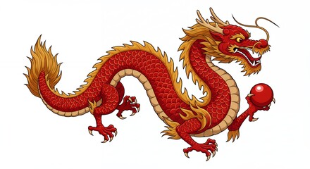 Stylized red dragon illustration with golden details on white background
