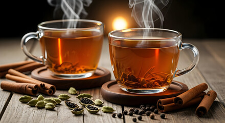 Steaming Herbal Tea in Glass Cups with Cinnamon on Rustic Wood