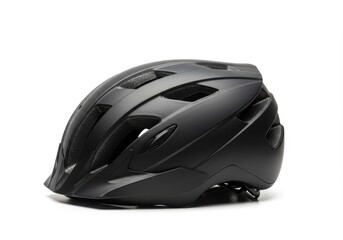 Fototapeta premium A matte black bicycle helmet, angled, displays its ventilated design against a pure white background.
