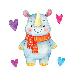 Cute Cartoon Rhino Watercolor Animal Illustration with Red Scarf