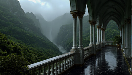 Ancient stone balcony overlooking a misty green mountain valley with a river below