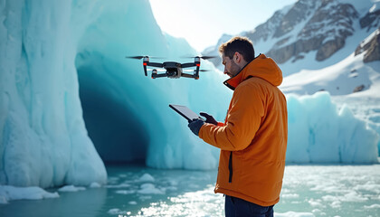 Man operates drone with tablet computer near large blue glacier ice formation. He wears an orange jacket and gloves. Science research, environmental survey, climate change monitoring.