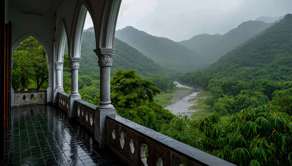 Obraz premium Rainy day view from a gothic balcony overlooking a lush green valley and river