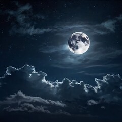 Mystical night scene featuring a glowing full moon surrounded by drifting clouds, casting soft silver light across a deep blue sky.